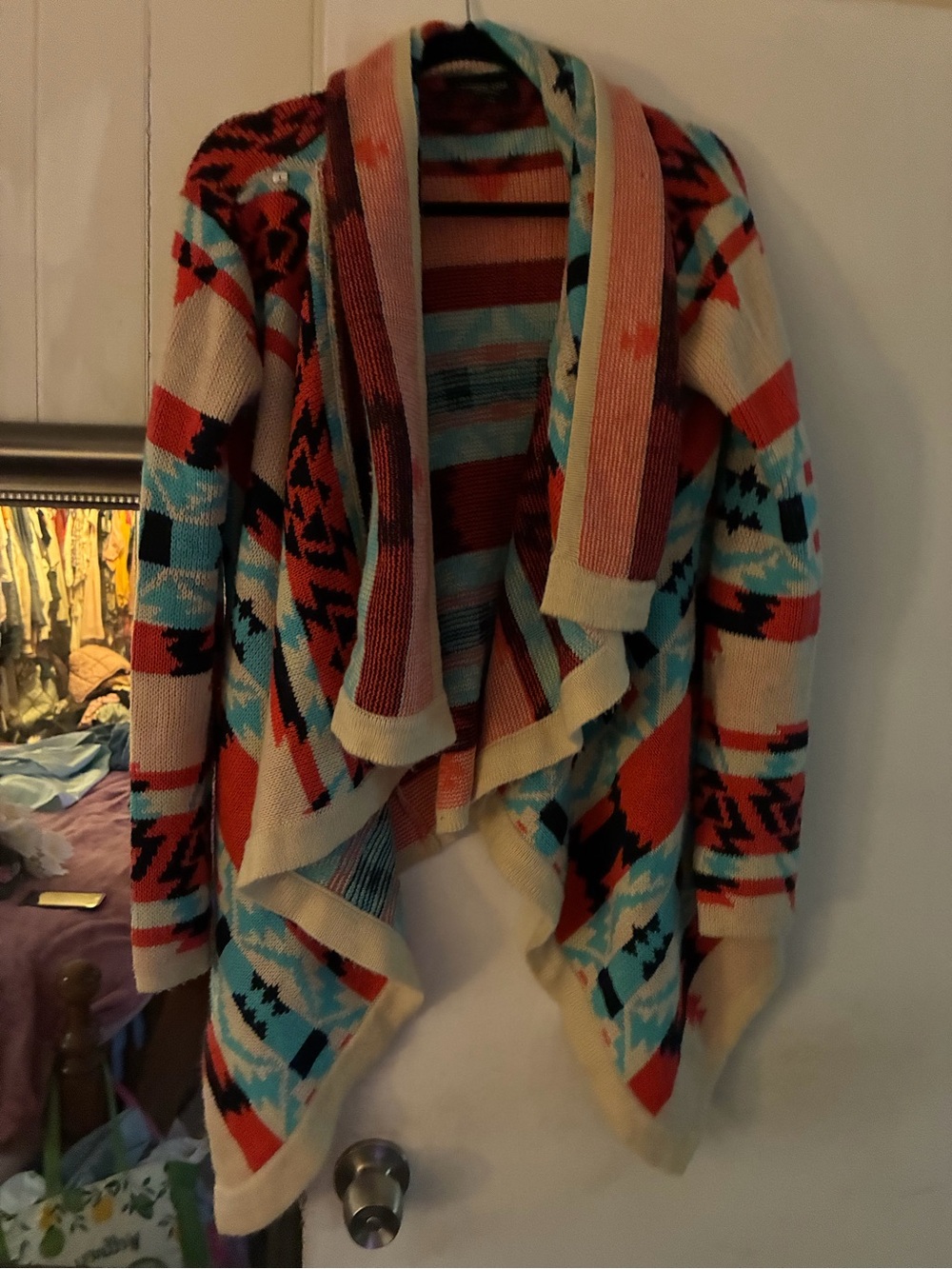 Boho Aztec Open-Front Cardigan Sweater in Cream, Red & Turquoise